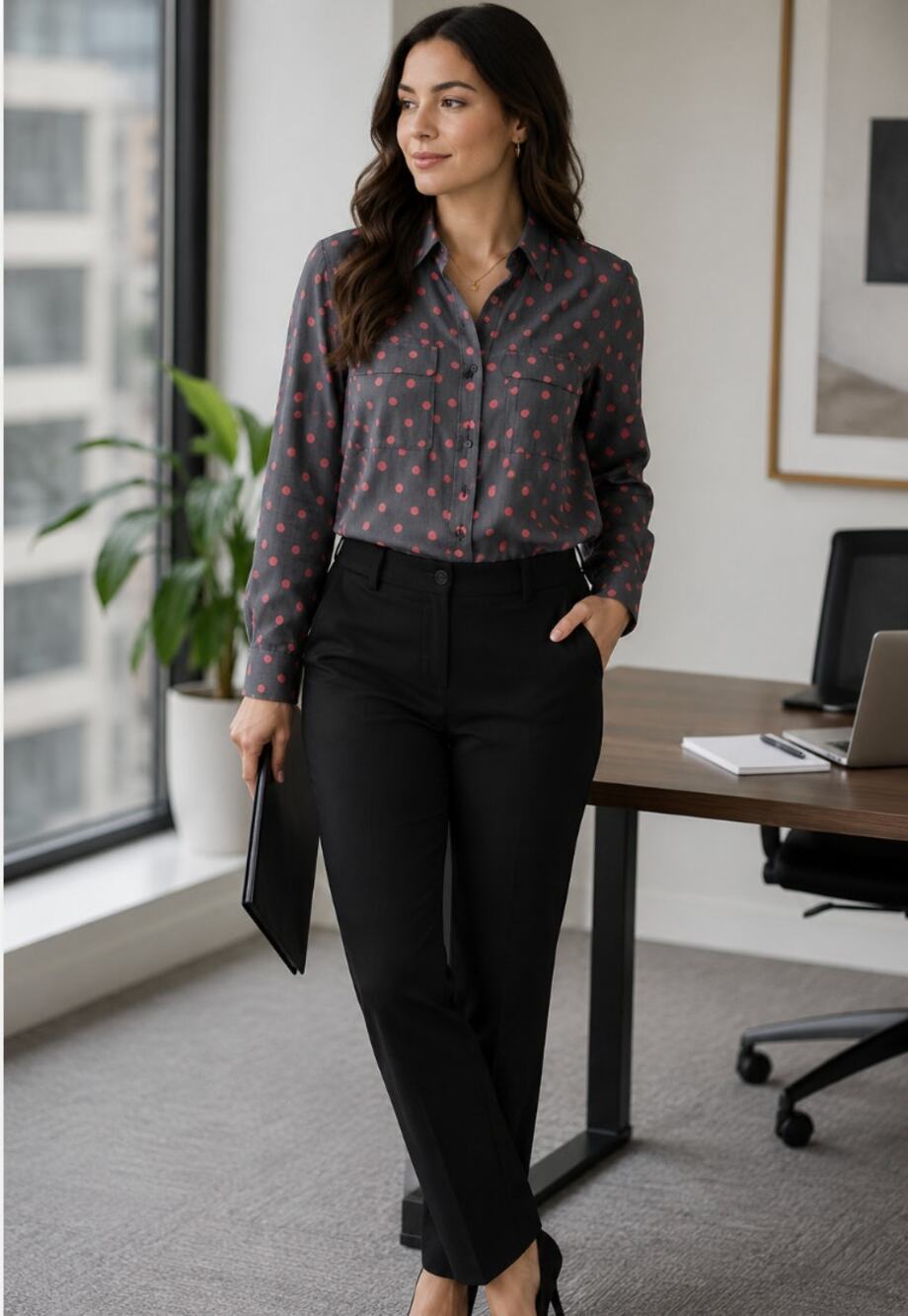 Express The City Shirt Polka Dot Collared Button Down Womens XS Red & Black